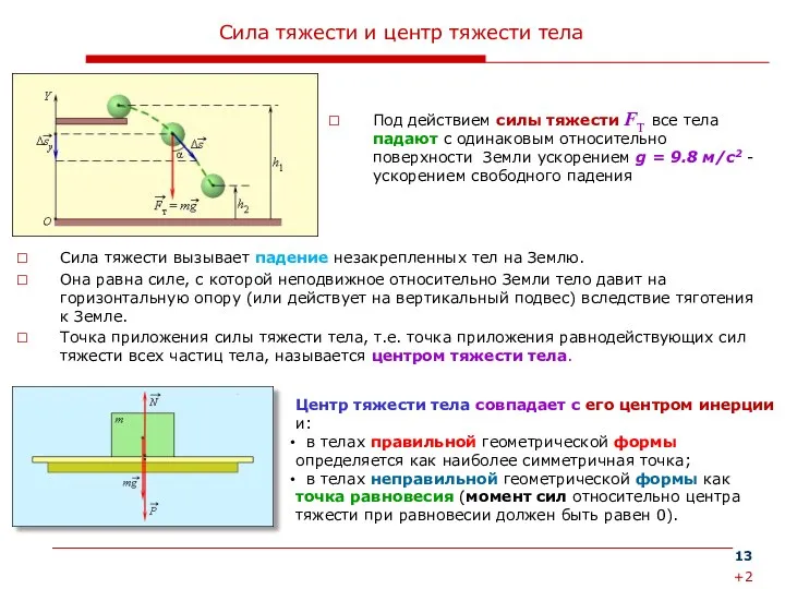 Сила тяжести и центр тяжести тела Под действием силы тяжести FТ