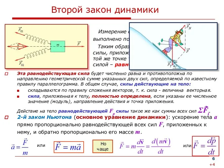 Второй закон динамики Эта равнодействующая сила будет численно равна и противоположна