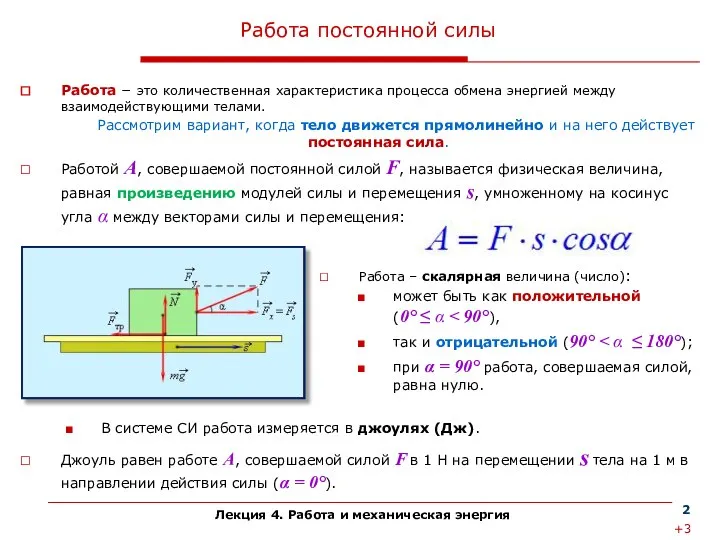 Лекция 4. Работа и механическая энергия Работа постоянной силы Работа −