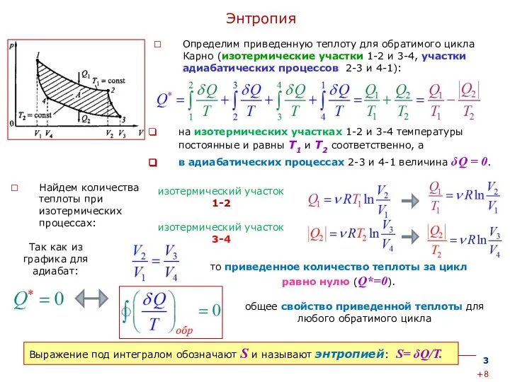 Энтропия Определим приведенную теплоту для обратимого цикла Карно (изотермические участки 1-2