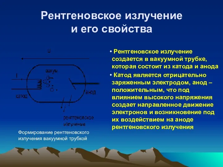 Рентгеновское излучение и его свойства Рентгеновское излучение создается в вакуумной трубке,