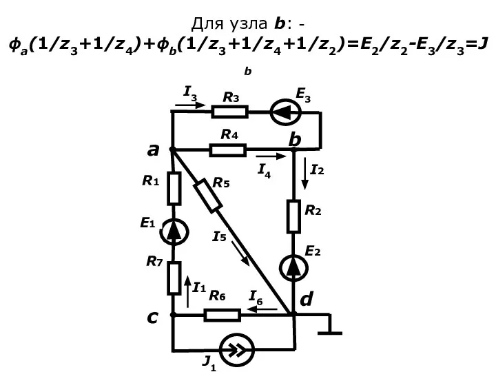 Для узла b: -ϕa(1/z3+1/z4)+ϕb(1/z3+1/z4+1/z2)=E2/z2-E3/z3=Jb