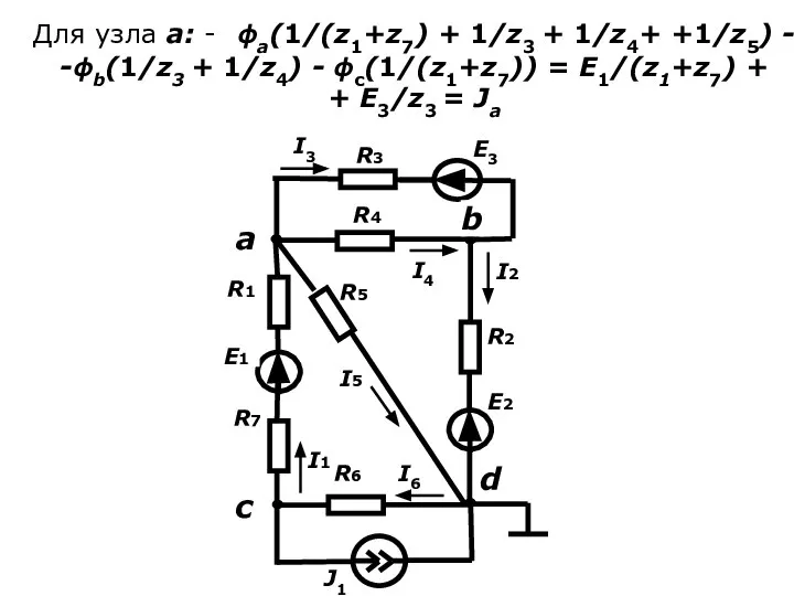 Для узла a: - ϕa(1/(z1+z7) + 1/z3 + 1/z4+ +1/z5) -