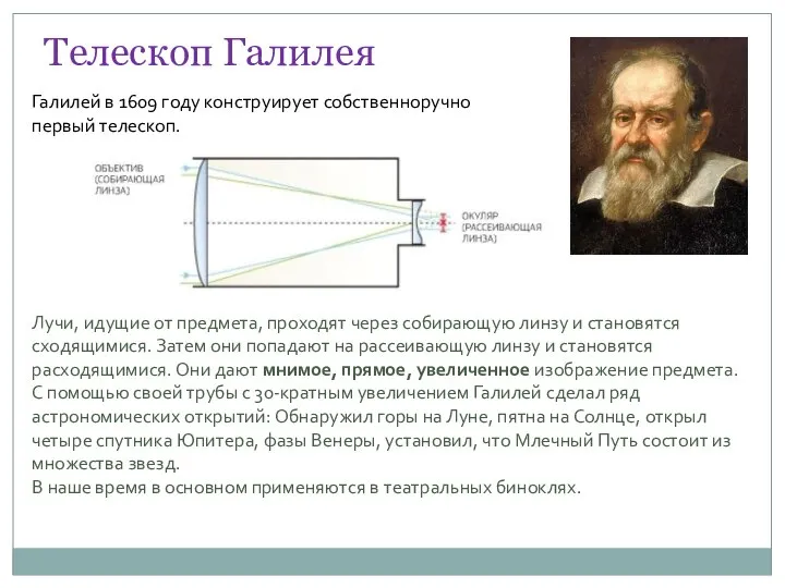 Телескоп Галилея Галилей в 1609 году конструирует собственноручно первый телескоп. Лучи,