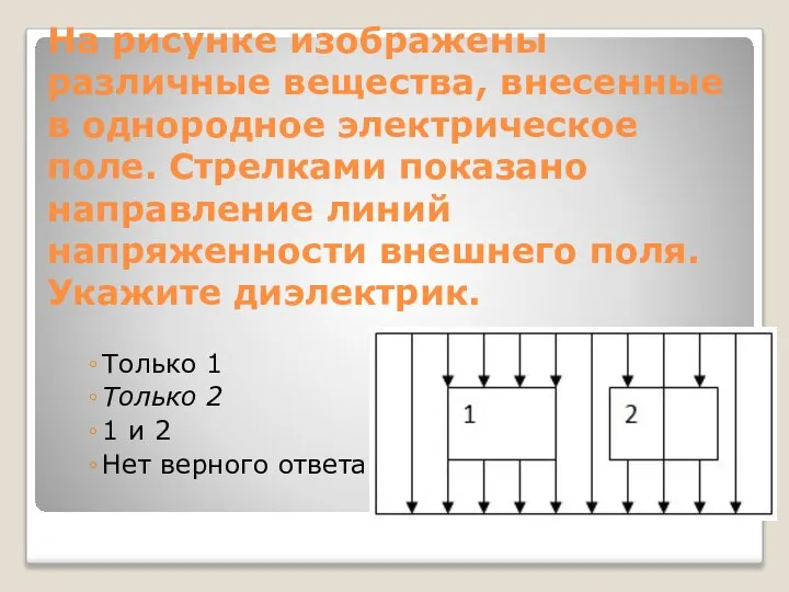 На рисунке изображены различные вещества, внесенные в однородное электрическое поле. Стрелками