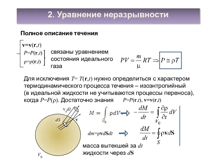 2. Уравнение неразрывности v=v(r,t) P=P(r,t) ρ=ρ(r,t) Полное описание течения связаны уравнением