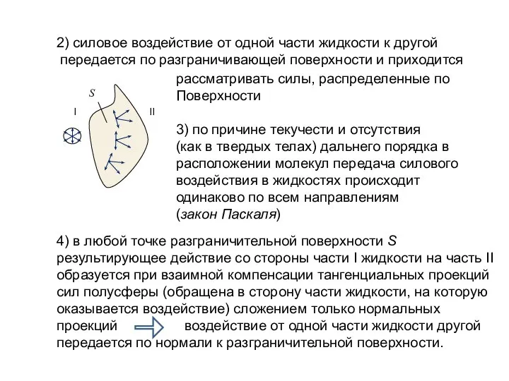 2) силовое воздействие от одной части жидкости к другой передается по