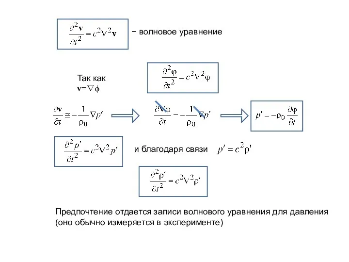 − волновое уравнение Так как v=∇ϕ и благодаря связи Предпочтение отдается