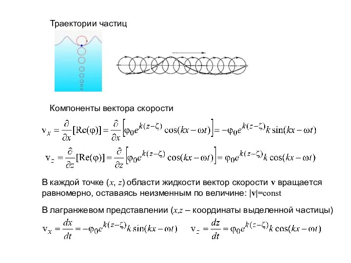 Траектории частиц Компоненты вектора скорости В каждой точке (x, z) области