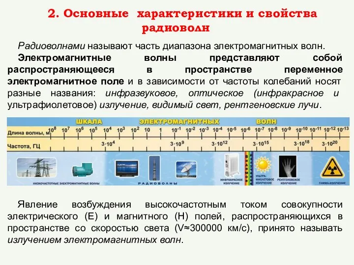 2. Основные характеристики и свойства радиоволн Радиоволнами называют часть диапазона электромагнитных