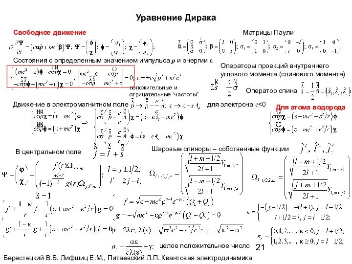 Уравнение Дирака Свободное движение Матрицы Паули Состояния с определенным значением импульса