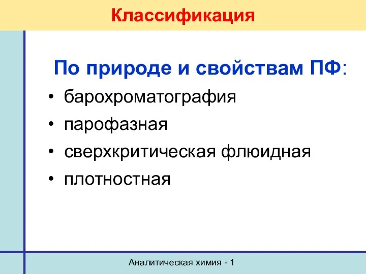 Аналитическая химия - 1 Классификация По природе и свойствам ПФ: барохроматография парофазная сверхкритическая флюидная плотностная