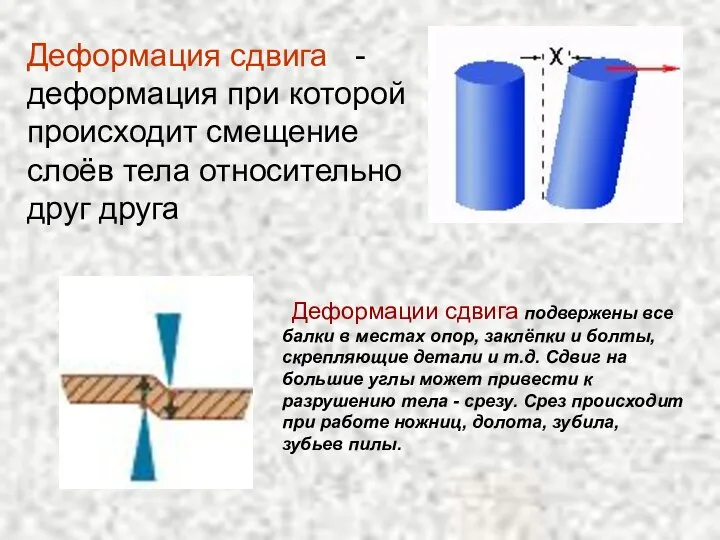 Деформации сдвига подвержены все балки в местах опор, заклёпки и болты,