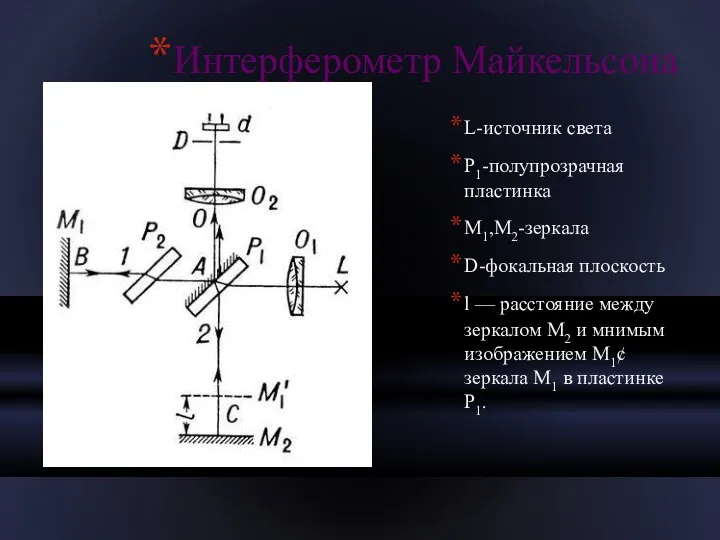 Интерферометр Майкельсона L-источник света Р1-полупрозрачная пластинка M1,М2-зеркала D-фокальная плоскость l —