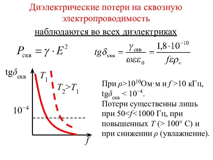 Диэлектрические потери на сквозную электропроводимость наблюдаются во всех диэлектриках При ρ>1010Ом·м