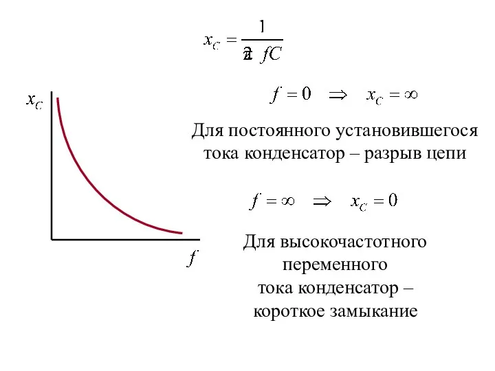 Для постоянного установившегося тока конденсатор – разрыв цепи Для высокочастотного переменного тока конденсатор – короткое замыкание