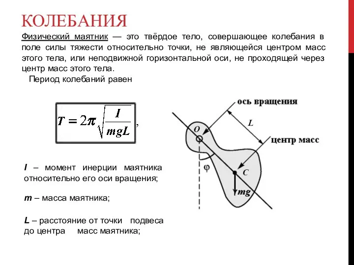 КОЛЕБАНИЯ Физический маятник — это твёрдое тело, совершающее колебания в поле