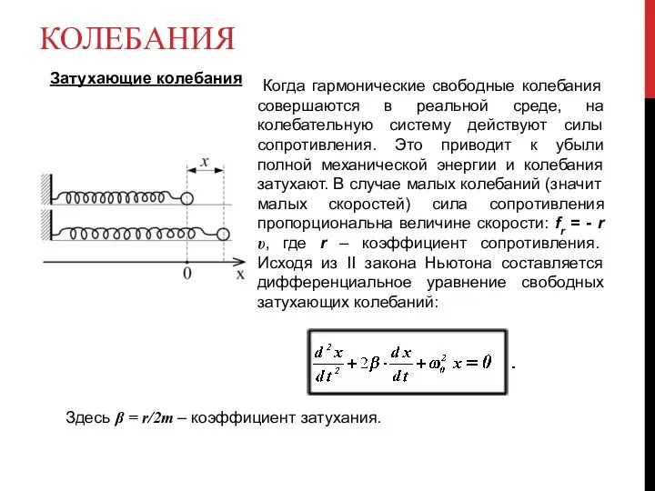 КОЛЕБАНИЯ Затухающие колебания Когда гармонические свободные колебания совершаются в реальной среде,