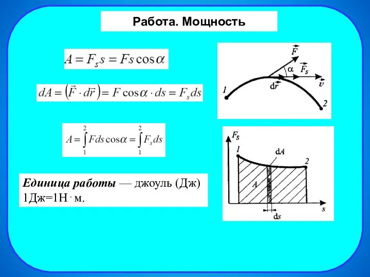 Работа. Мощность Единица работы — джоуль (Дж) 1Дж=1Н⋅м.