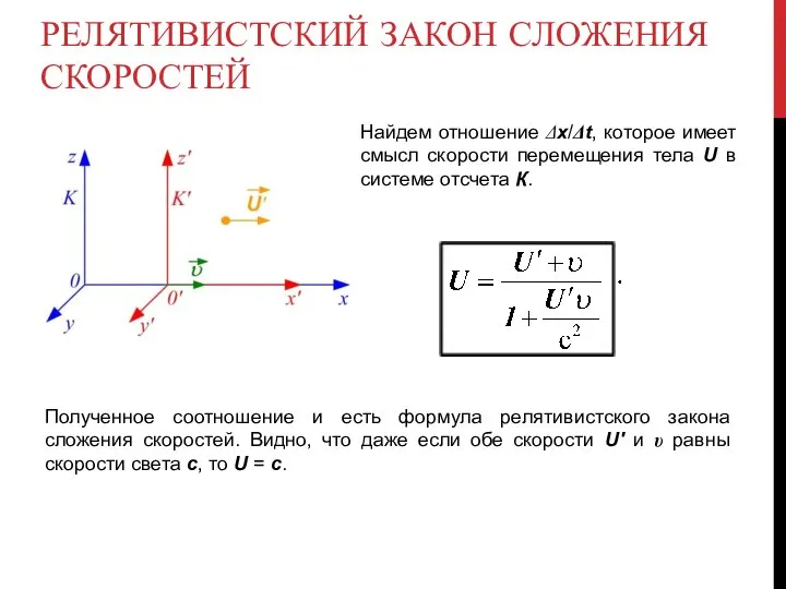 РЕЛЯТИВИСТСКИЙ ЗАКОН СЛОЖЕНИЯ СКОРОСТЕЙ Найдем отношение Δx/Δt, которое имеет смысл скорости