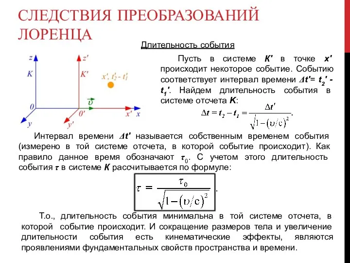 СЛЕДСТВИЯ ПРЕОБРАЗОВАНИЙ ЛОРЕНЦА Длительность события Пусть в системе К' в точке