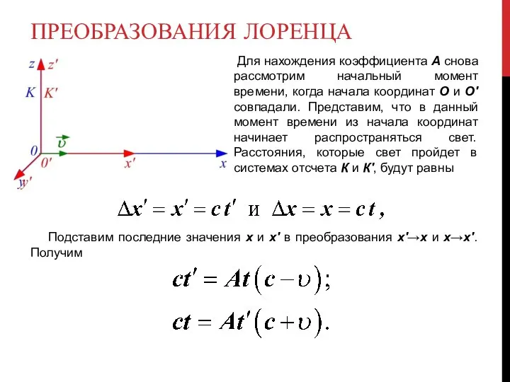 ПРЕОБРАЗОВАНИЯ ЛОРЕНЦА Для нахождения коэффициента A снова рассмотрим начальный момент времени,