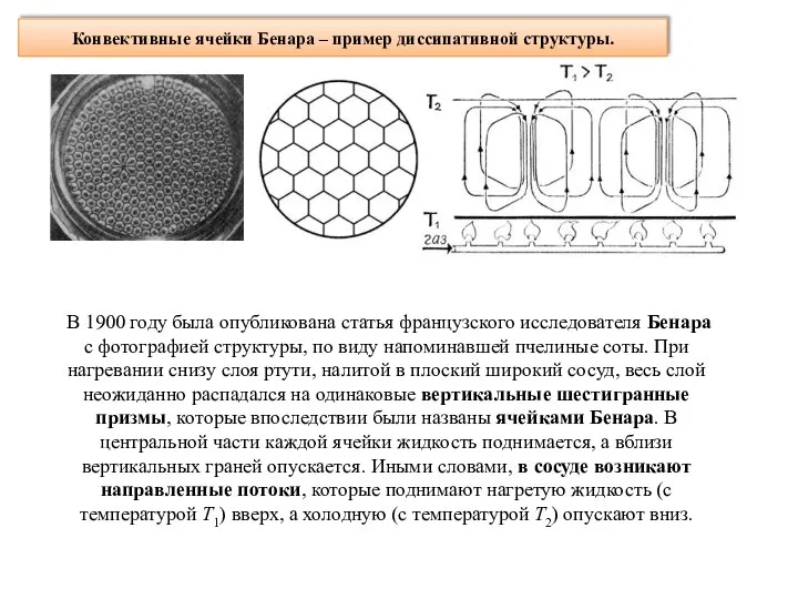 Конвективные ячейки Бенара – пример диссипативной структуры. В 1900 году была