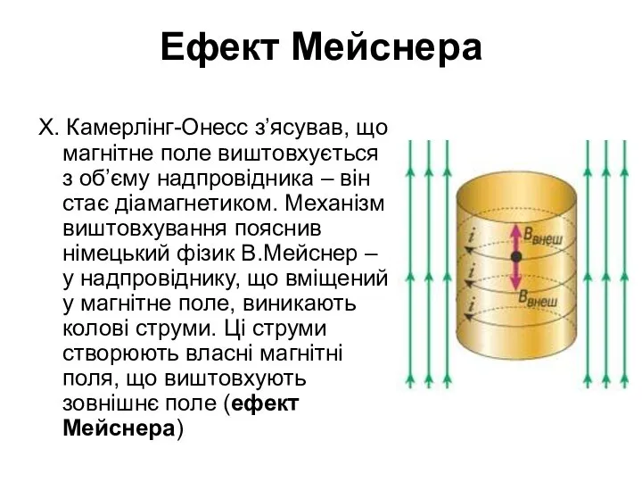 Ефект Мейснера Х. Камерлінг-Онесс з’ясував, що магнітне поле виштовхується з об’єму