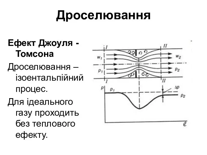 Дроселювання Ефект Джоуля - Томсона Дроселювання – ізоентальпійний процес. Для ідеального газу проходить без теплового ефекту.