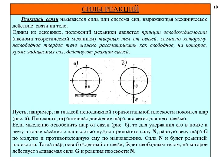 СИЛЫ РЕАКЦИЙ 10 Реакцией связи называется сила или система сил, выражающая