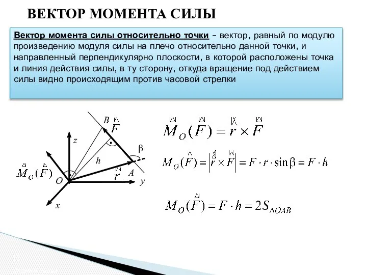 ВЕКТОР МОМЕНТА СИЛЫ Момент силы Вектор момента силы относительно точки –