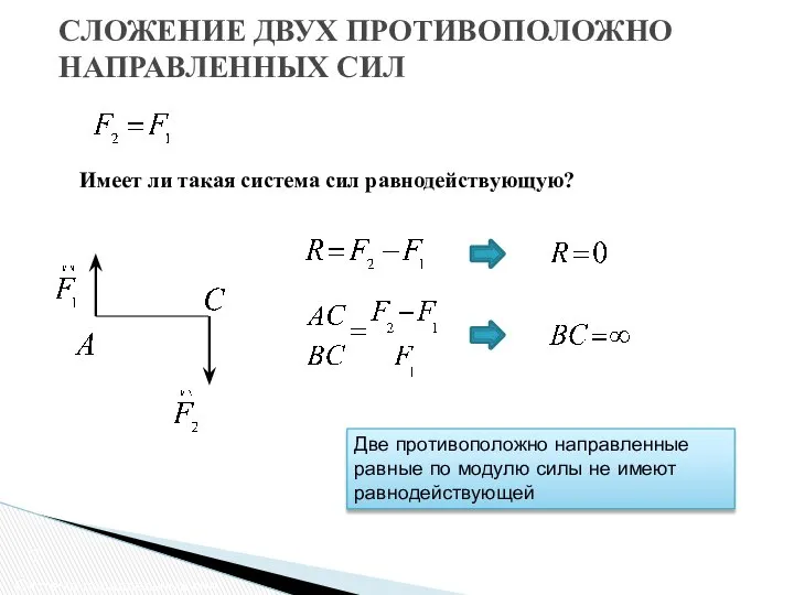 СЛОЖЕНИЕ ДВУХ ПРОТИВОПОЛОЖНО НАПРАВЛЕННЫХ СИЛ Система параллельных сил Две противоположно направленные