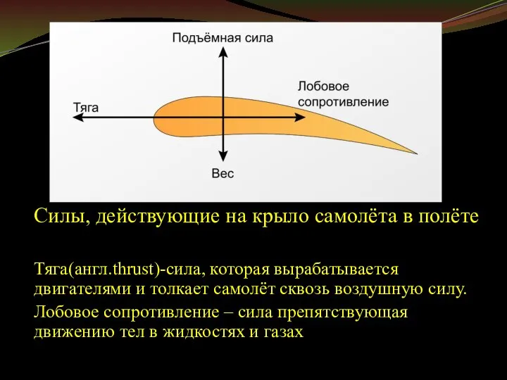 Силы, действующие на крыло самолёта в полёте Тяга(англ.thrust)-сила, которая вырабатывается двигателями