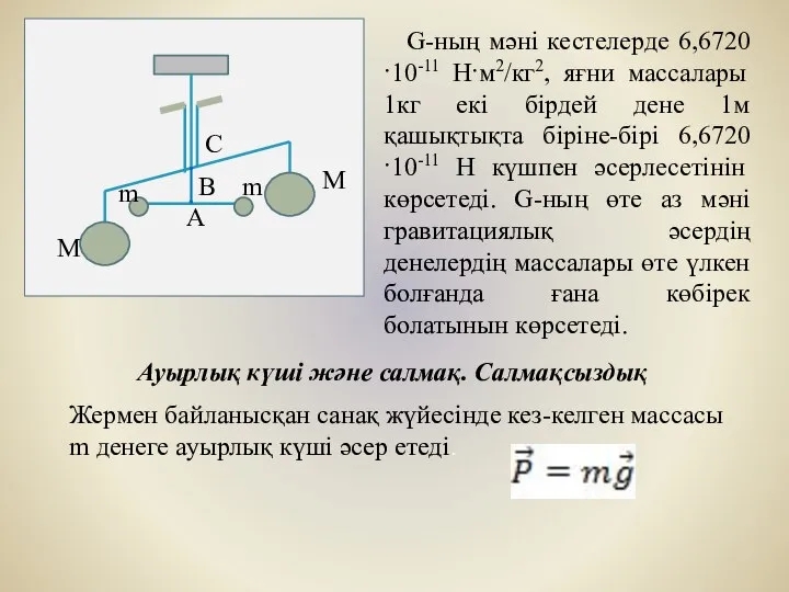 G-ның мәні кестелерде 6,6720·10-11 Н·м2/кг2, яғни массалары 1кг екі бірдей дене
