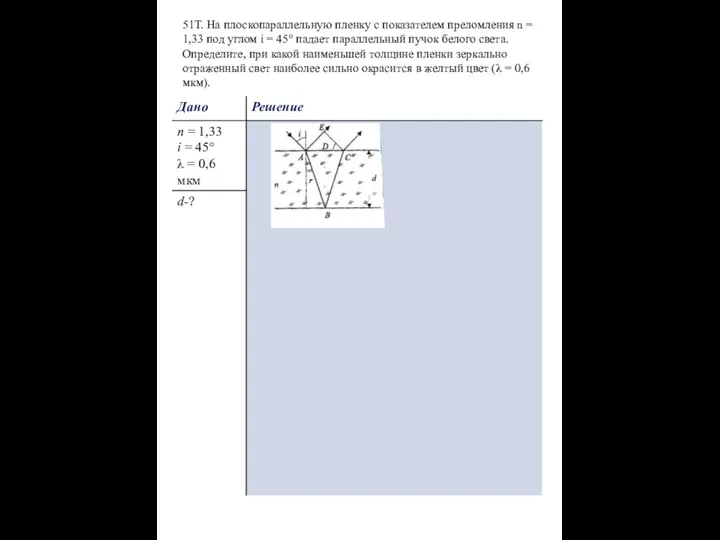 51Т. На плоскопараллельную пленку с показателем преломления n = 1,33 под