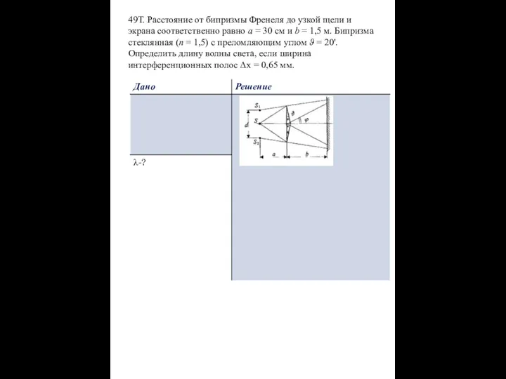 49Т. Расстояние от бипризмы Френеля до узкой щели и экрана соответственно