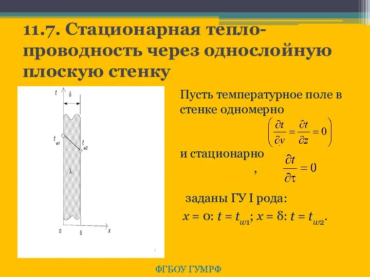 11.7. Стационарная тепло-проводность через однослойную плоскую стенку ФГБОУ ГУМРФ Пусть температурное