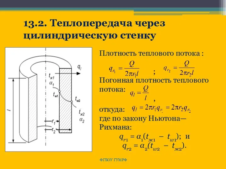 ФГБОУ ГУМРФ 13.2. Теплопередача через цилиндрическую стенку Плотность теплового потока :