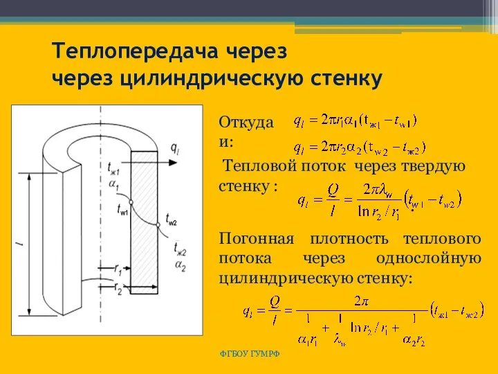 ФГБОУ ГУМРФ Теплопередача через через цилиндрическую стенку Откуда и: Тепловой поток