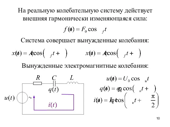 На реальную колебательную систему действует внешняя гармонически изменяющаяся сила: Система совершает вынужденные колебания: Вынужденные электромагнитные колебания: