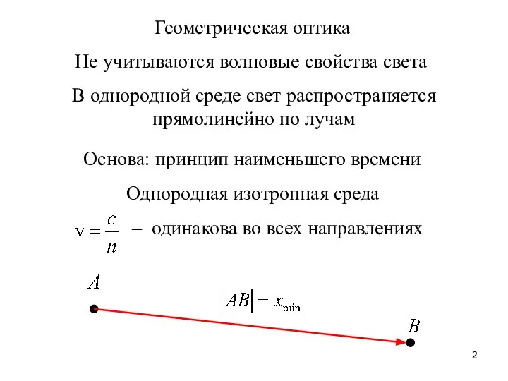 Геометрическая оптика Не учитываются волновые свойства света В однородной среде свет