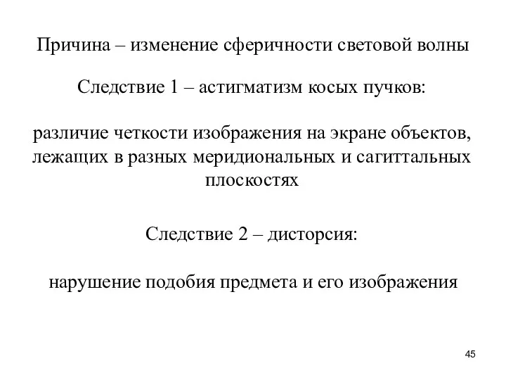 Следствие 1 – астигматизм косых пучков: Причина – изменение сферичности световой