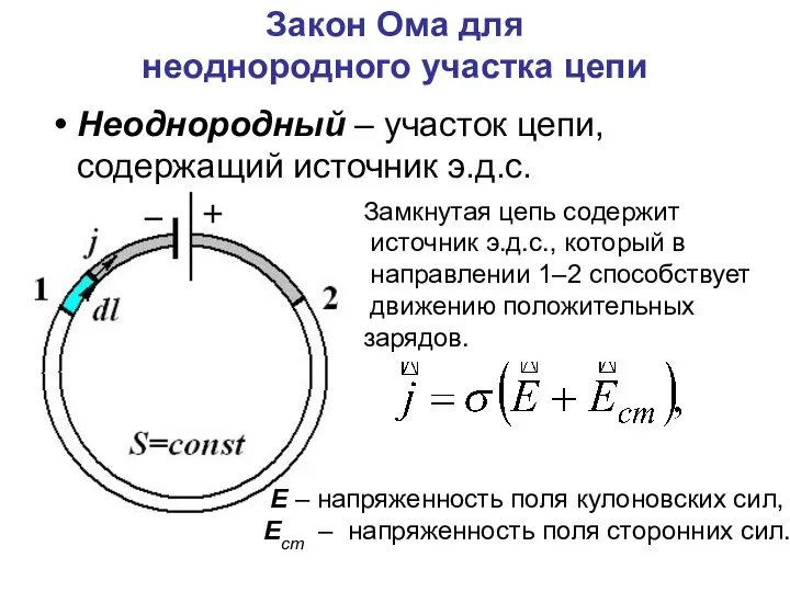 Закон Ома для неоднородного участка цепи Неоднородный – участок цепи, содержащий