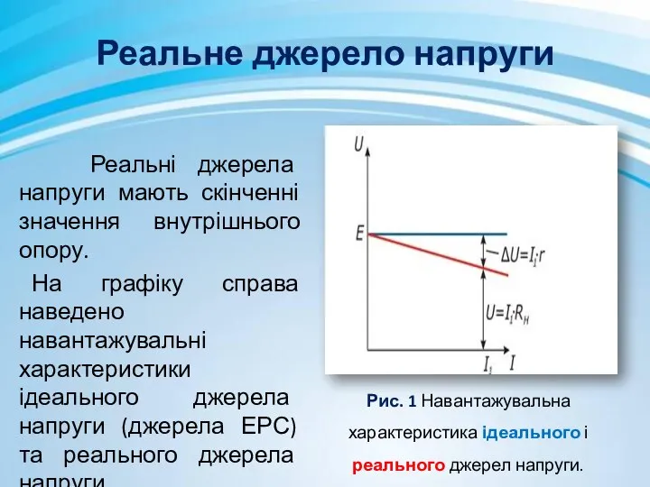 Реальне джерело напруги Реальні джерела напруги мають скінченні значення внутрішнього опору.