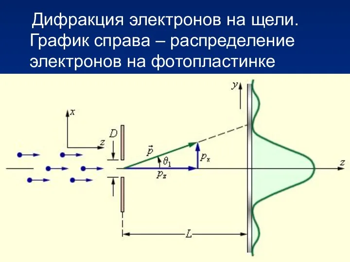 Дифракция электронов на щели. График справа – распределение электронов на фотопластинке