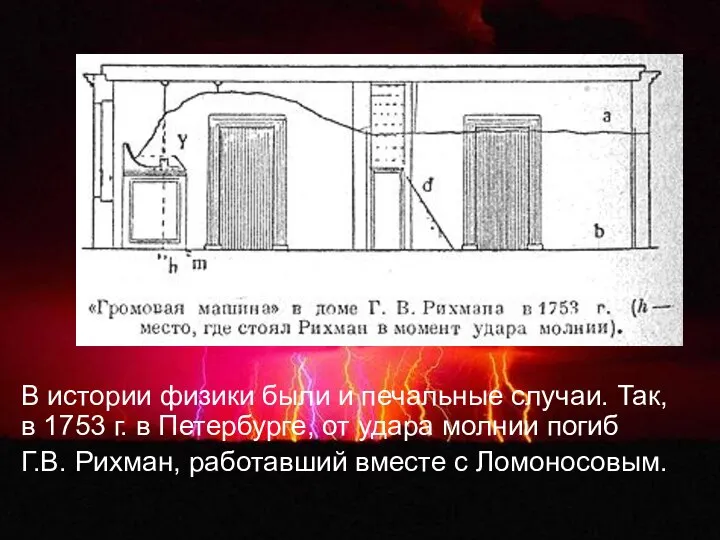 В истории физики были и печальные случаи. Так, в 1753 г.