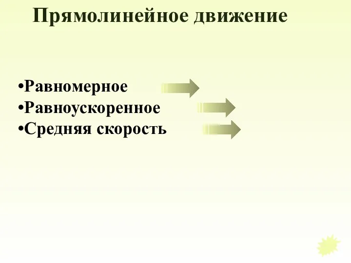 Прямолинейное движение Равномерное Равноускоренное Средняя скорость