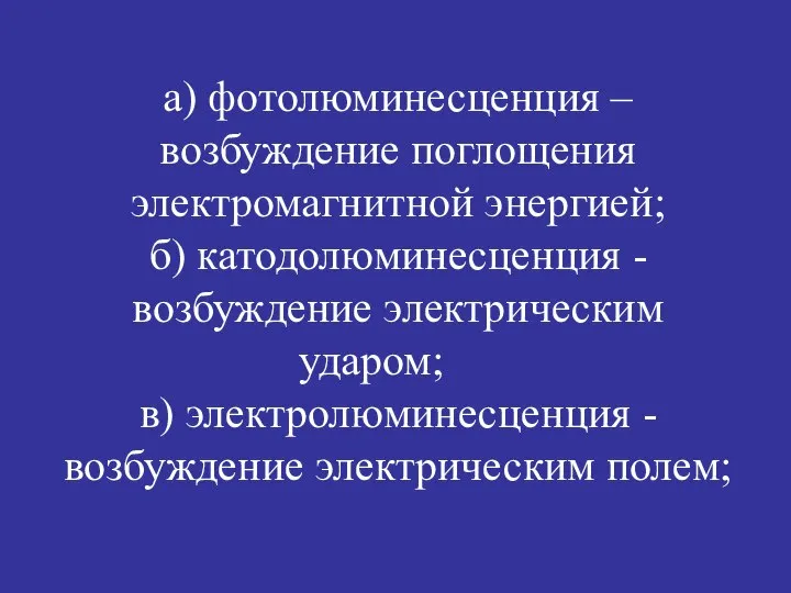 а) фотолюминесценция – возбуждение поглощения электромагнитной энергией; б) катодолюминесценция - возбуждение