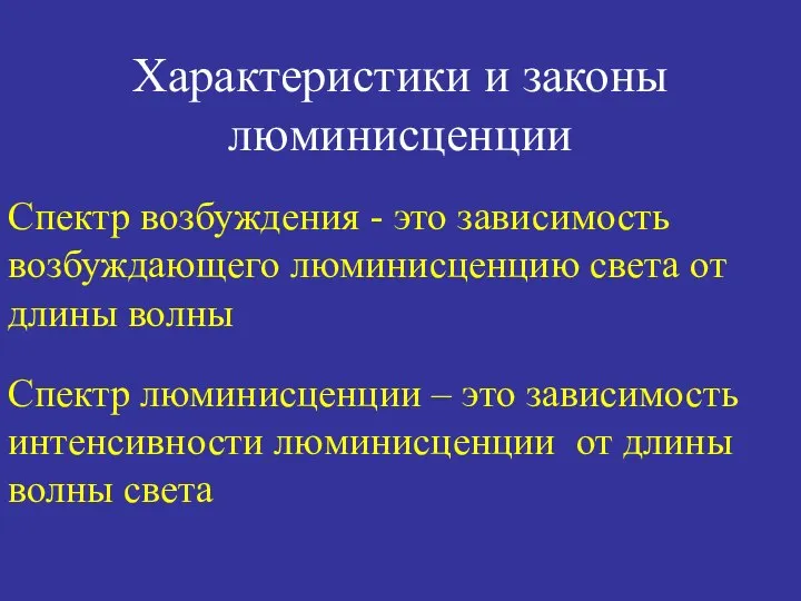 Характеристики и законы люминисценции Спектр возбуждения - это зависимость возбуждающего люминисценцию