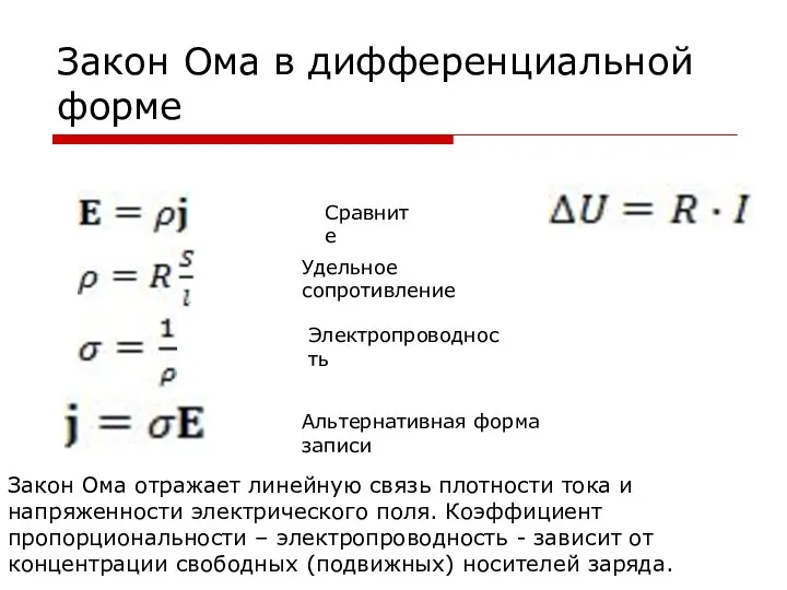 Закон Ома в дифференциальной форме Сравните Удельное сопротивление Электропроводность Альтернативная форма